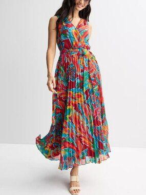 Sandra Darren Sleeveless Surplice Pleated Multicolor Maxi Dress Size 8